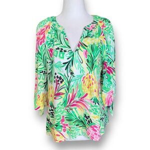 Pappagallo Eliza Blouse Green Multicolor Painted Pineapple Print Plunge Neck Top